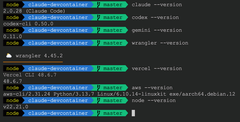 Terminal screenshot showing successful version checks for Claude Code, OpenCode, Codex, Gemini, Wrangler, gh CLI, AWS CLI, and Vercel CLIs