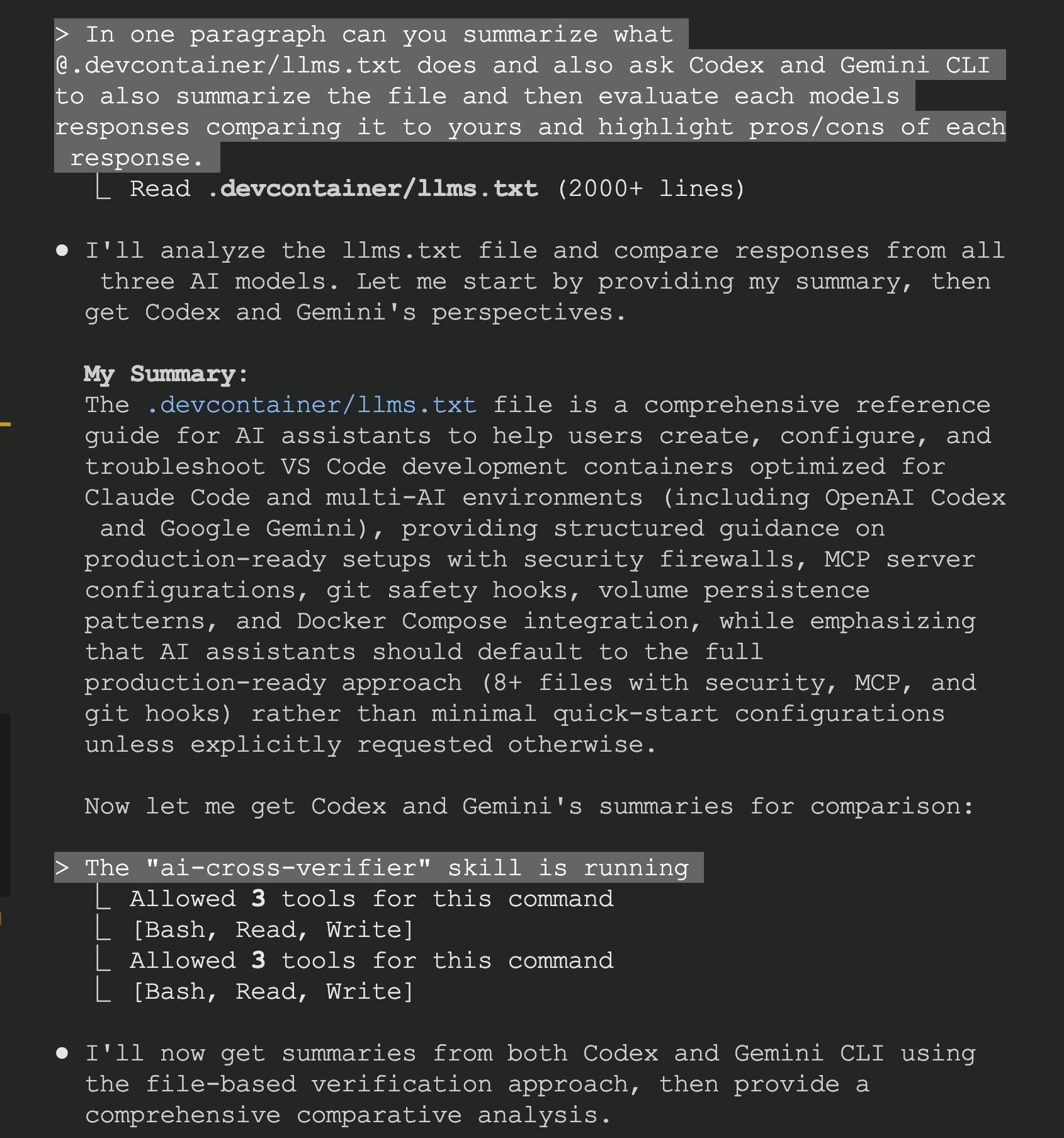 Claude Code receiving request to summarize llms.txt file and coordinate with other AI models