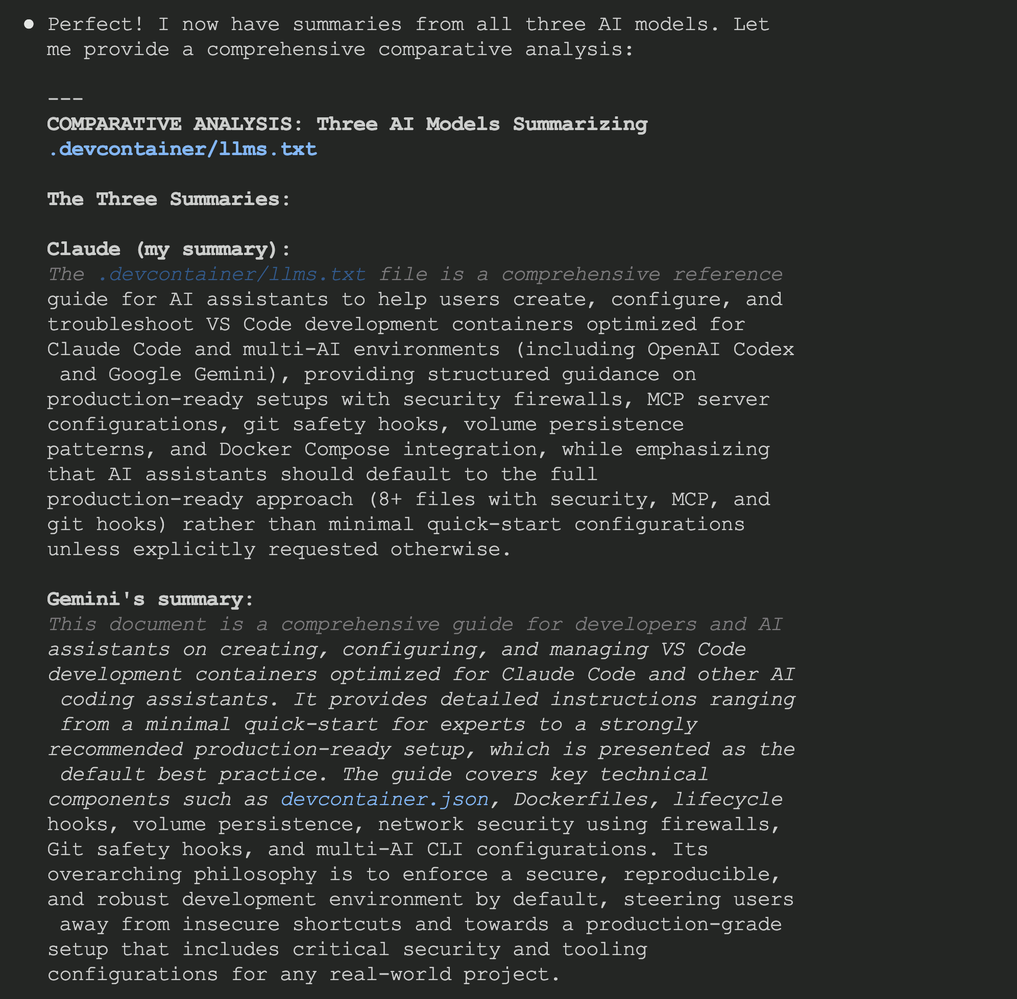 Claude Code invoking Codex CLI to get OpenAI's perspective on the llms.txt summary